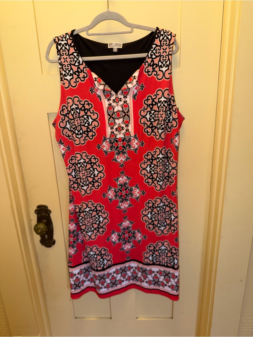 JM Collection Red/Orange Black Printed V-Neck Dress